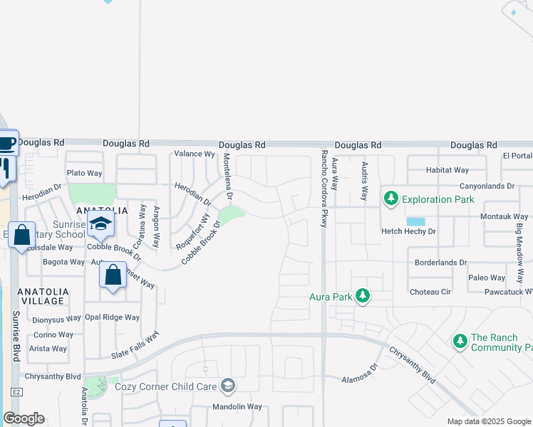 map of restaurants, bars, coffee shops, grocery stores, and more near Cobble Brook Drive in Rancho Cordova