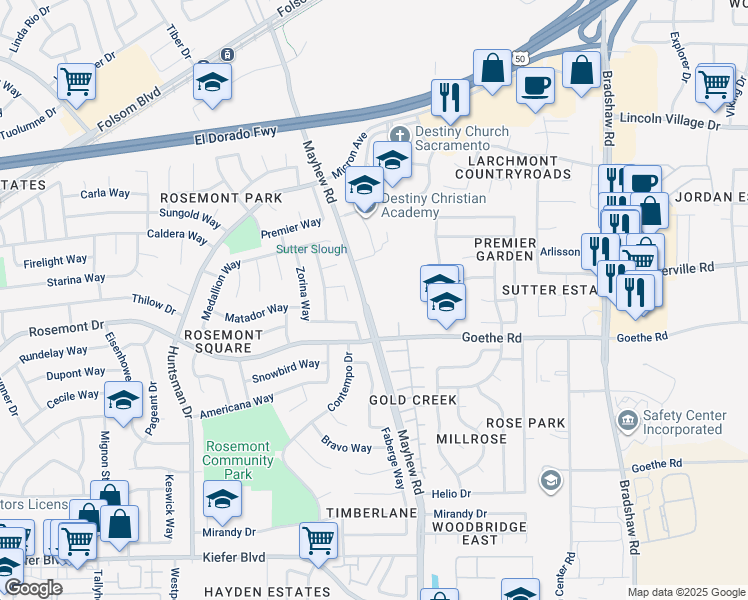 map of restaurants, bars, coffee shops, grocery stores, and more near 3445 Mayhew Road in Sacramento