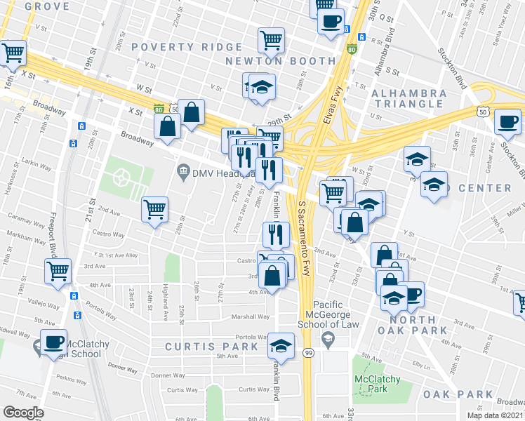 map of restaurants, bars, coffee shops, grocery stores, and more near 2512 Franklin Boulevard in Sacramento