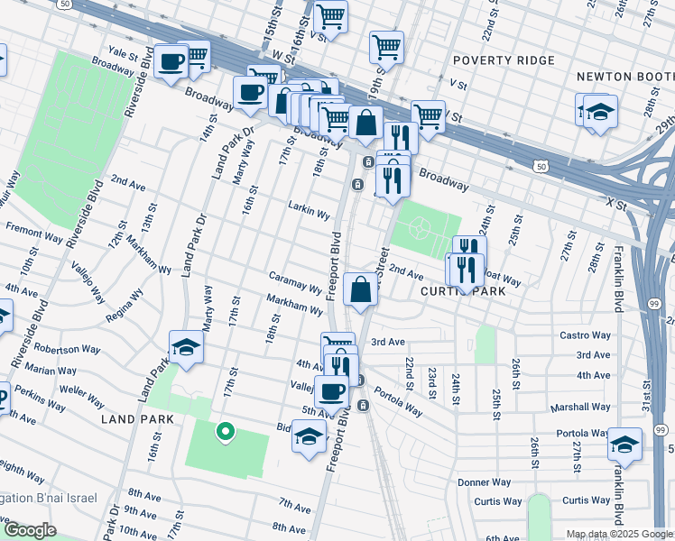 map of restaurants, bars, coffee shops, grocery stores, and more near 1853 Castro Way in Sacramento