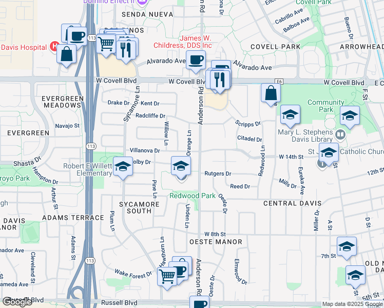 map of restaurants, bars, coffee shops, grocery stores, and more near 710 Villanova Drive in Davis