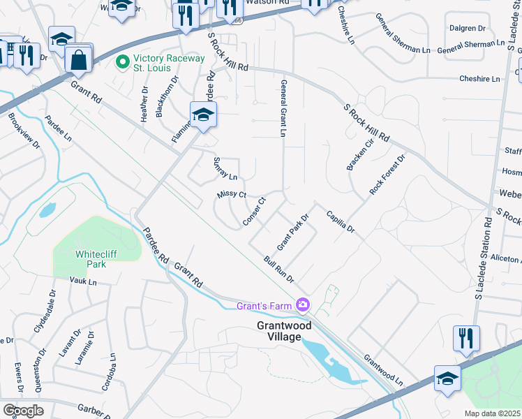 map of restaurants, bars, coffee shops, grocery stores, and more near 9126 Conser Court in St. Louis