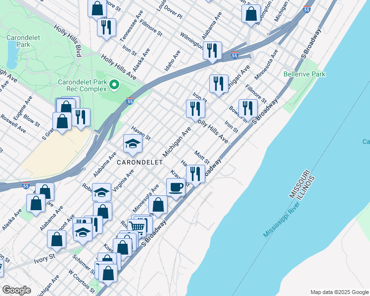 map of restaurants, bars, coffee shops, grocery stores, and more near 6607 Minnesota Avenue in St. Louis