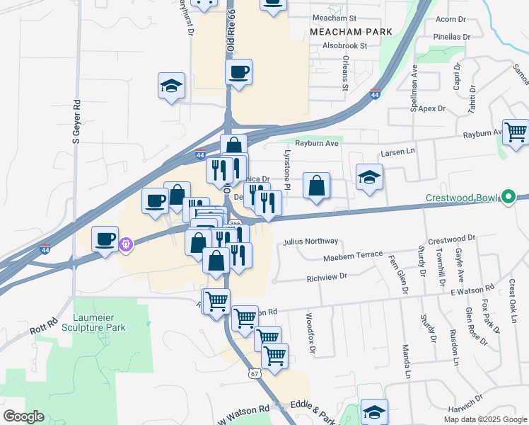 map of restaurants, bars, coffee shops, grocery stores, and more near 10501 Watson Road in St. Louis