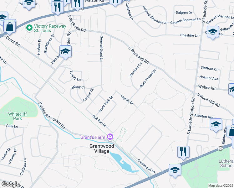 map of restaurants, bars, coffee shops, grocery stores, and more near 7644 Capilia Drive in St. Louis