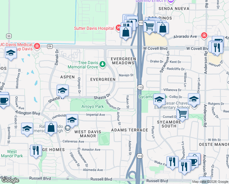 map of restaurants, bars, coffee shops, grocery stores, and more near 1627 Santa Rosa St in Davis