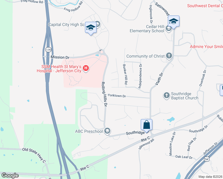 map of restaurants, bars, coffee shops, grocery stores, and more near 2417 Colonial Hills Road in Jefferson City
