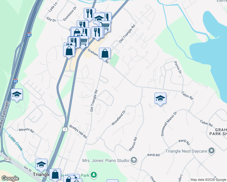map of restaurants, bars, coffee shops, grocery stores, and more near 3813 Grafton Court in Triangle