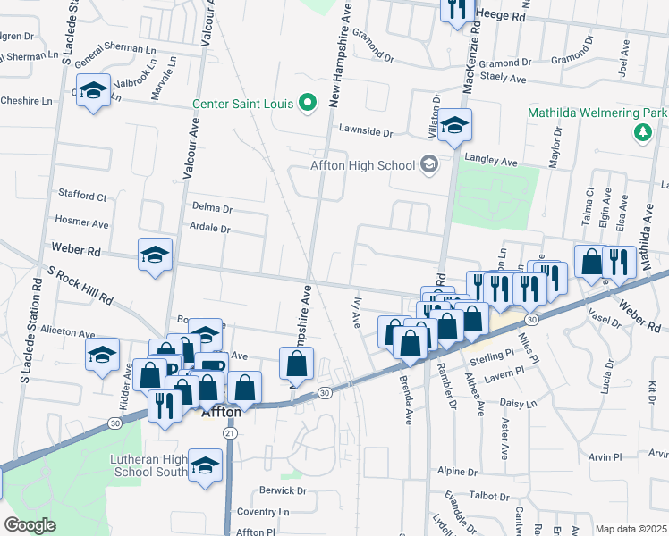 map of restaurants, bars, coffee shops, grocery stores, and more near 8560 Webshire Lane in Affton