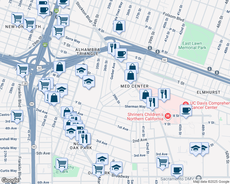 map of restaurants, bars, coffee shops, grocery stores, and more near 3912 Downey Way in Sacramento