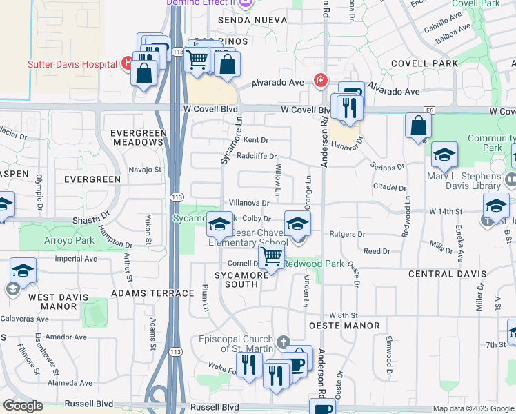 map of restaurants, bars, coffee shops, grocery stores, and more near 1100 Villanova Drive in Davis