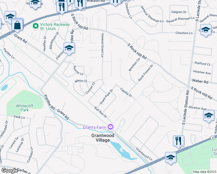 map of restaurants, bars, coffee shops, grocery stores, and more near 7654 General Grant Court in St. Louis