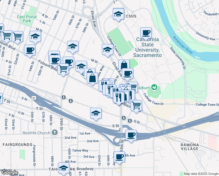 map of restaurants, bars, coffee shops, grocery stores, and more near 1422 63rd Street in Sacramento