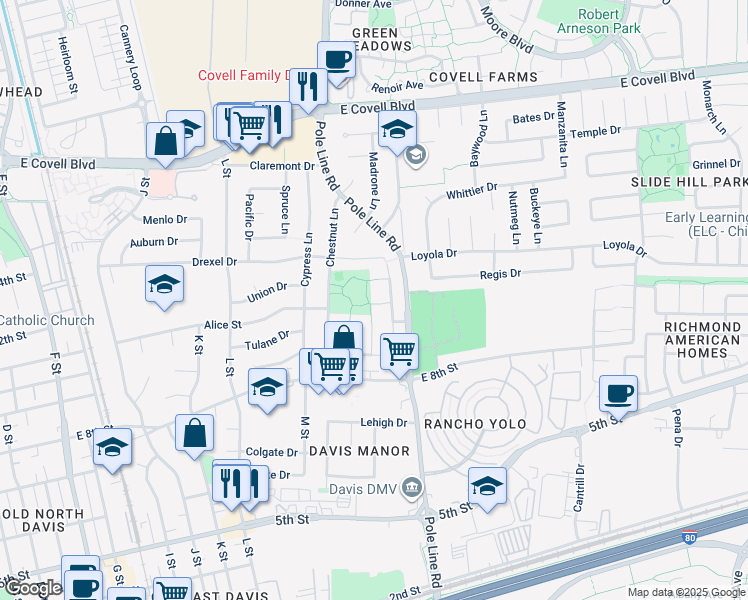 map of restaurants, bars, coffee shops, grocery stores, and more near 1903 Penny Place in Davis