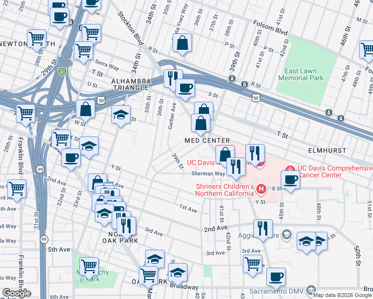 map of restaurants, bars, coffee shops, grocery stores, and more near 4020 Miller Way in Sacramento
