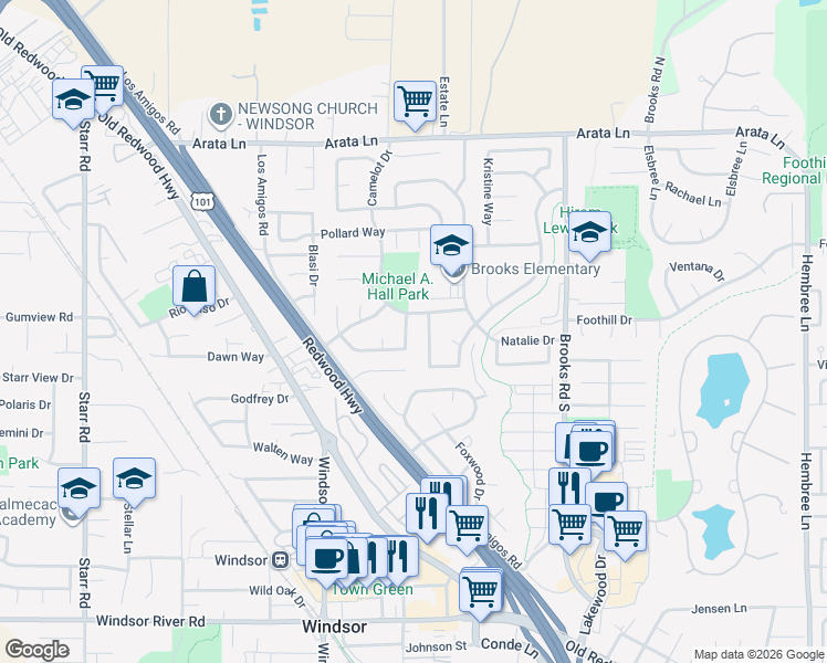 map of restaurants, bars, coffee shops, grocery stores, and more near 691 Claudius Way in Windsor
