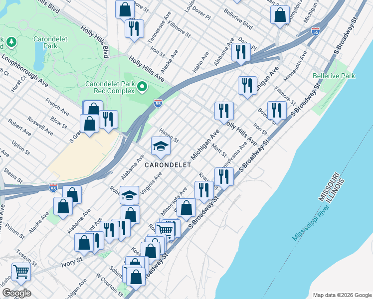 map of restaurants, bars, coffee shops, grocery stores, and more near 6717 Virginia Avenue in St. Louis