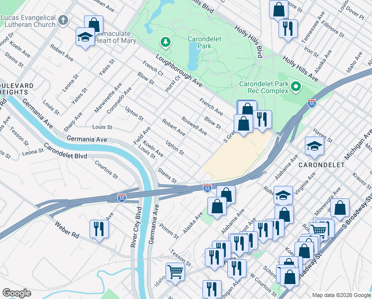 map of restaurants, bars, coffee shops, grocery stores, and more near 3640 Robert Avenue in St. Louis