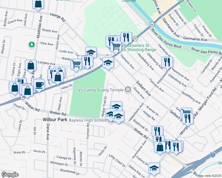map of restaurants, bars, coffee shops, grocery stores, and more near 8309 Weber Terrace Drive in St. Louis