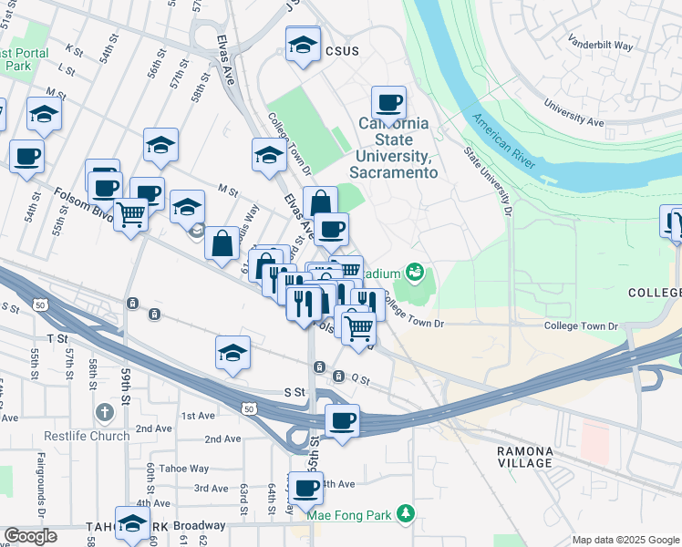 map of restaurants, bars, coffee shops, grocery stores, and more near 6429 Elvas Avenue in Sacramento