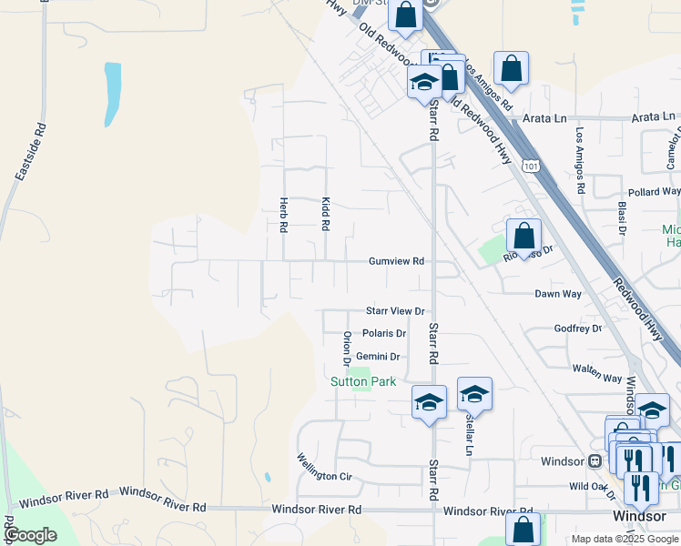 map of restaurants, bars, coffee shops, grocery stores, and more near 9851 Berry Lane in Windsor
