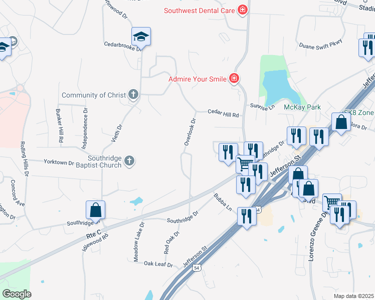 map of restaurants, bars, coffee shops, grocery stores, and more near 1739 Overlook Drive in Jefferson City