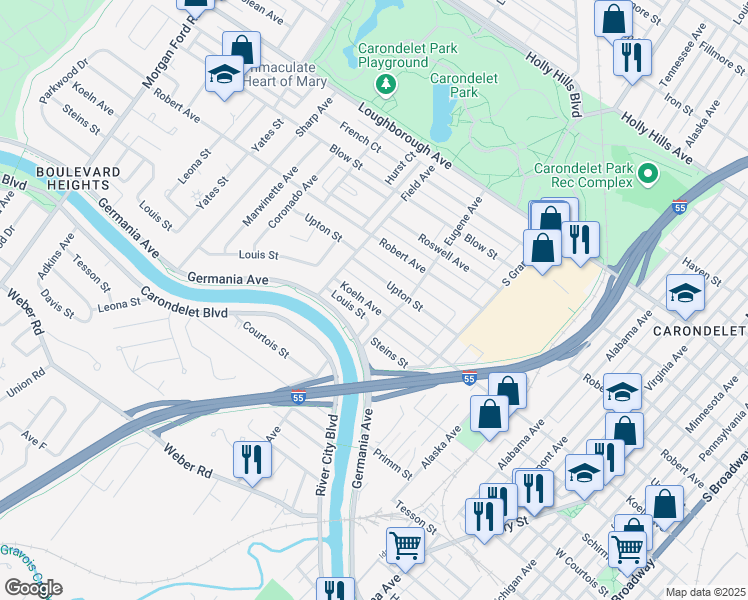 map of restaurants, bars, coffee shops, grocery stores, and more near 3725 Koeln Avenue in St. Louis