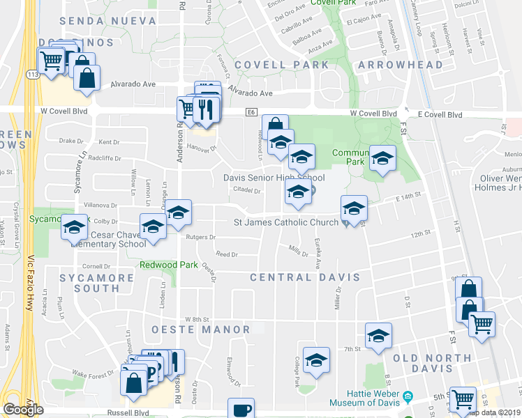 map of restaurants, bars, coffee shops, grocery stores, and more near 503 Villanova Drive in Davis