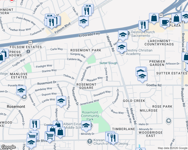 map of restaurants, bars, coffee shops, grocery stores, and more near 3358 Calico Court in Sacramento