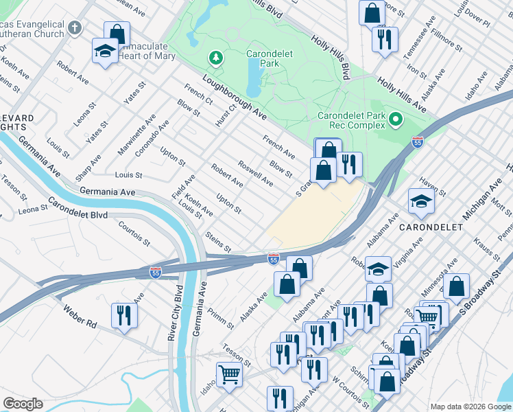 map of restaurants, bars, coffee shops, grocery stores, and more near 3640 Robert Avenue in St. Louis