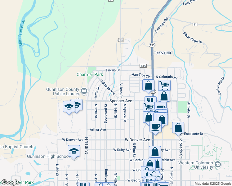 map of restaurants, bars, coffee shops, grocery stores, and more near 8 Dorchester Street in Gunnison