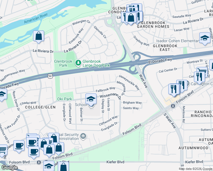 map of restaurants, bars, coffee shops, grocery stores, and more near 8727 Fallbrook Way in Sacramento