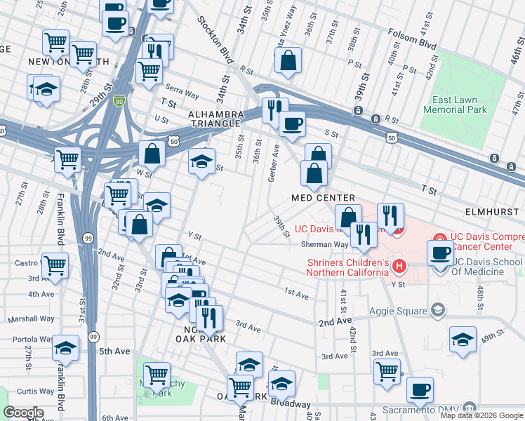 map of restaurants, bars, coffee shops, grocery stores, and more near 2301 36th Street in Sacramento