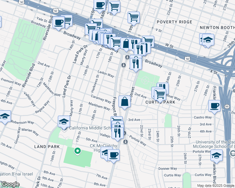map of restaurants, bars, coffee shops, grocery stores, and more near 1853 Castro Way in Sacramento