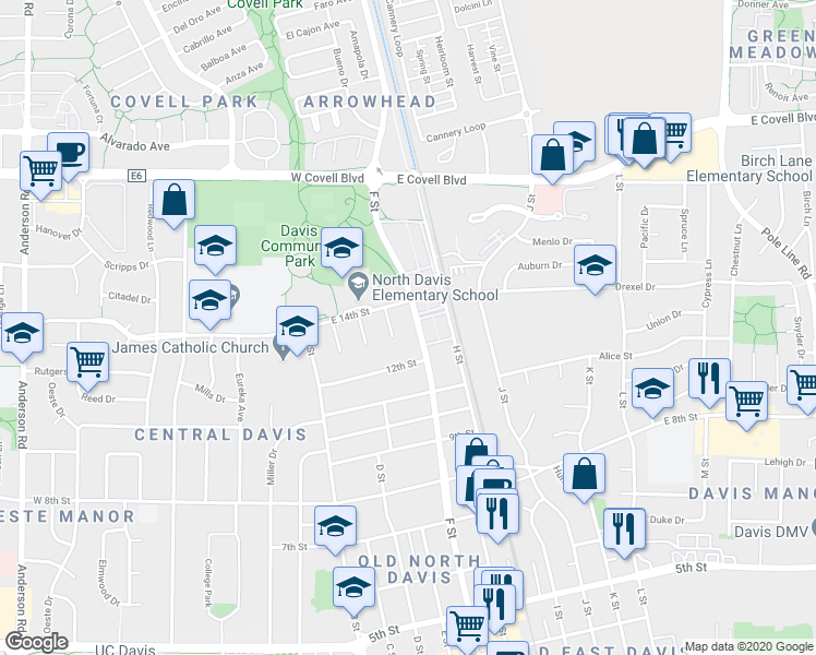 map of restaurants, bars, coffee shops, grocery stores, and more near 1224 H Street in Davis