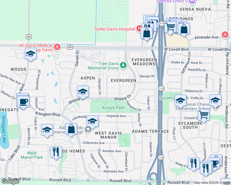 map of restaurants, bars, coffee shops, grocery stores, and more near 1819 Tahoe Place in Davis