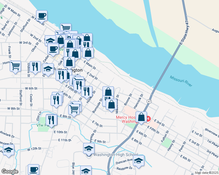 map of restaurants, bars, coffee shops, grocery stores, and more near 132 Burnside Street in Washington