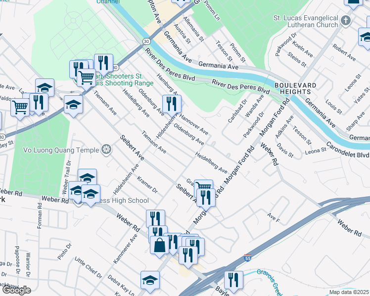 map of restaurants, bars, coffee shops, grocery stores, and more near 4630 Heidelberg Avenue in St. Louis