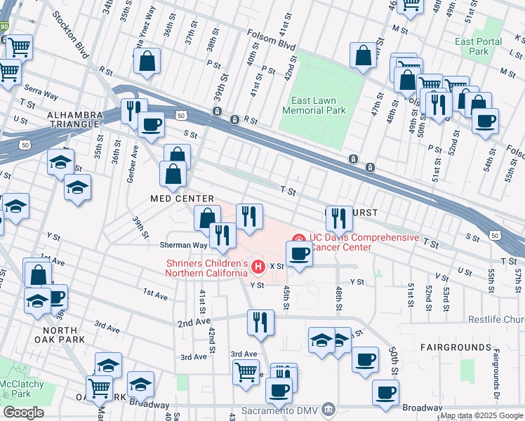 map of restaurants, bars, coffee shops, grocery stores, and more near 4307 V Street in Sacramento
