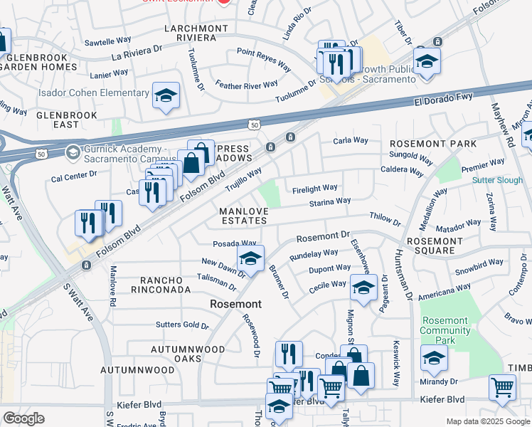 map of restaurants, bars, coffee shops, grocery stores, and more near 9100 Starina Way in Sacramento