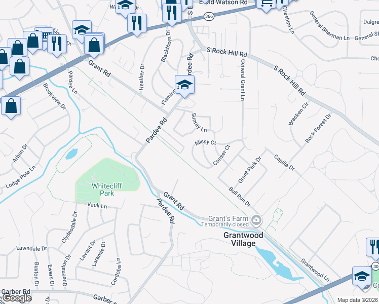 map of restaurants, bars, coffee shops, grocery stores, and more near 7740 Missy Court in St. Louis