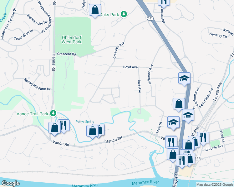 map of restaurants, bars, coffee shops, grocery stores, and more near 120 Patricia Hill Drive in Valley Park