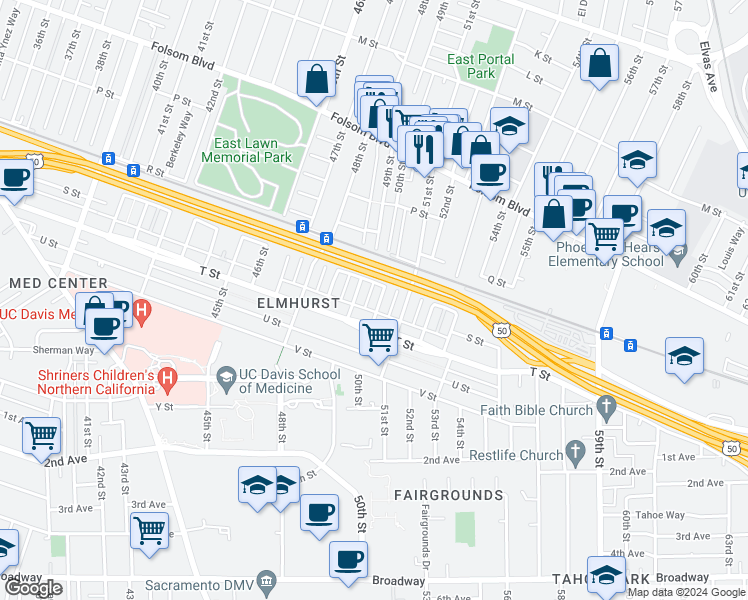 map of restaurants, bars, coffee shops, grocery stores, and more near 1870 50th Street in Sacramento