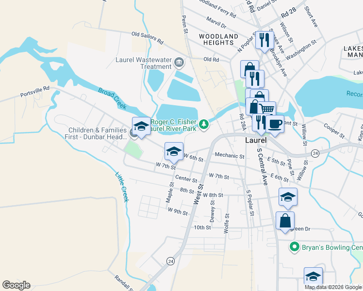 map of restaurants, bars, coffee shops, grocery stores, and more near 311 Townsend Street in Laurel