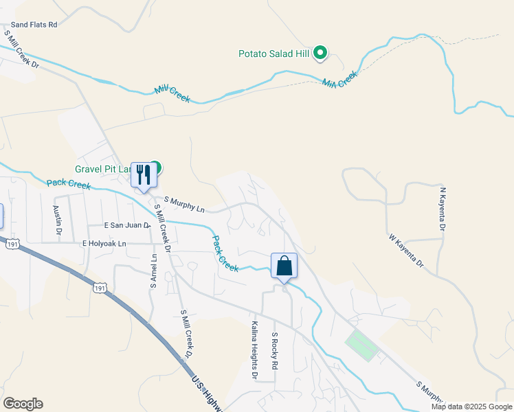 map of restaurants, bars, coffee shops, grocery stores, and more near 1185 South Murphy Lane in Moab