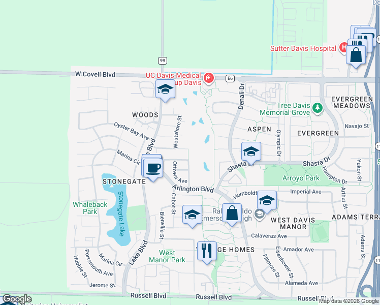 map of restaurants, bars, coffee shops, grocery stores, and more near 2706 Tiber Avenue in Davis
