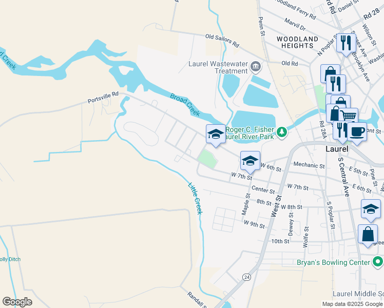 map of restaurants, bars, coffee shops, grocery stores, and more near 607 West 7th Street in Laurel