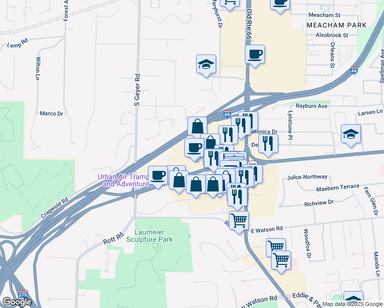 map of restaurants, bars, coffee shops, grocery stores, and more near 3555 Sunset Office Drive in St. Louis