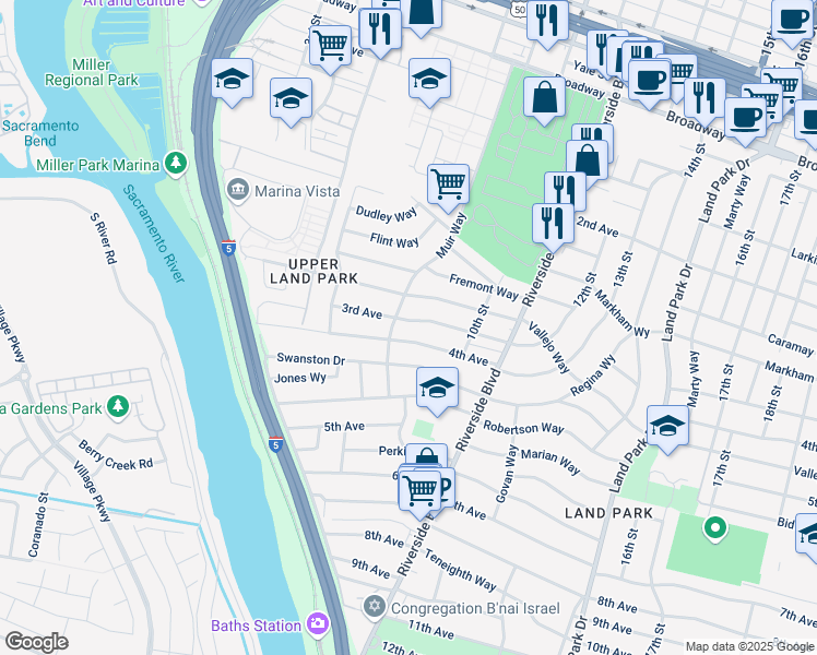 map of restaurants, bars, coffee shops, grocery stores, and more near 871 4th Avenue in Sacramento