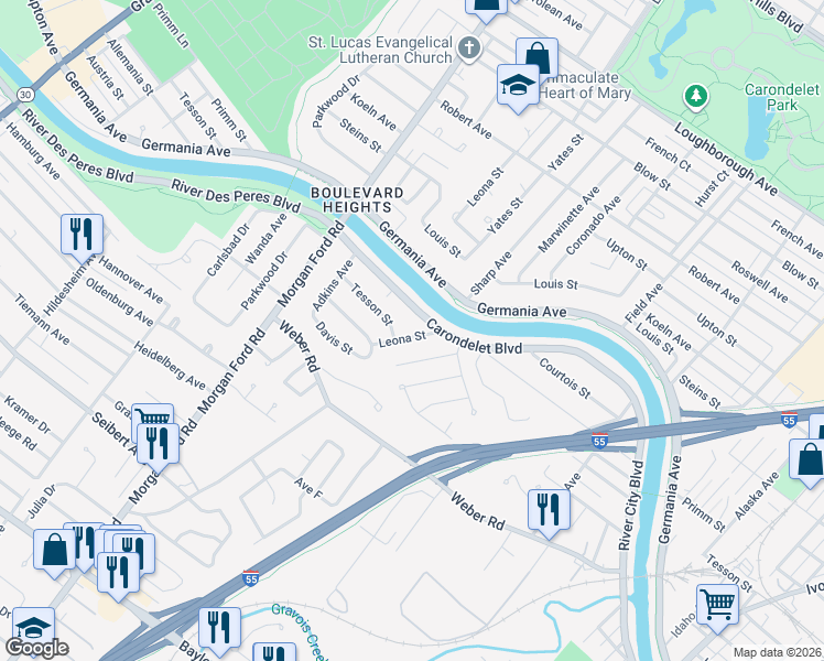 map of restaurants, bars, coffee shops, grocery stores, and more near 7821 Leona Street in St. Louis